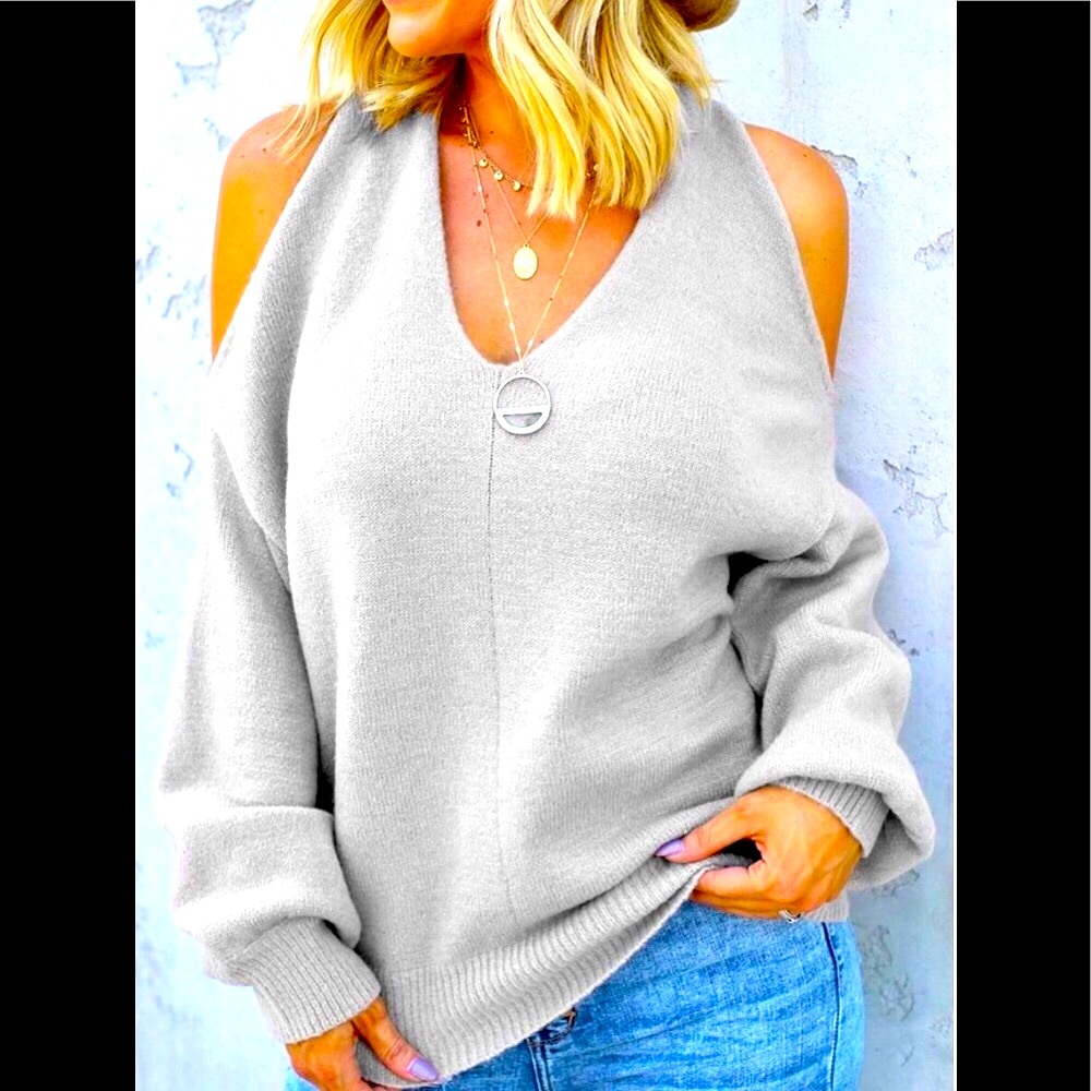 ❌LAST 1❌V-Neck Cross-Straps Loose Grey Sweater - Picture 3 of 6
